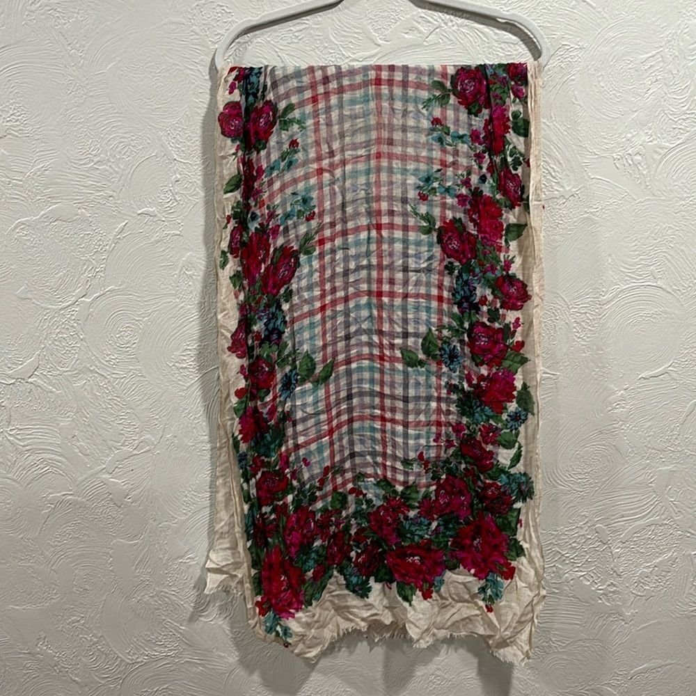 Talbots wool blend floral and plaid lightweight scarf